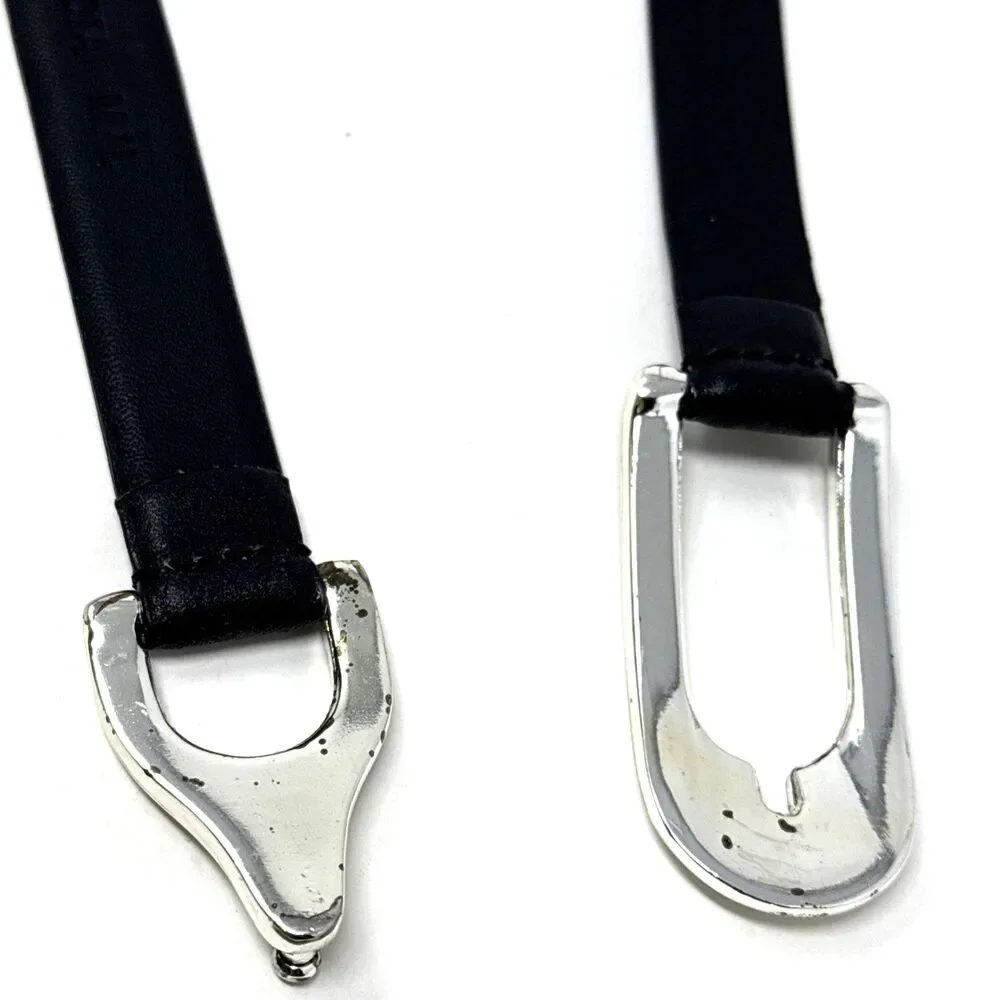 CHICO'S Leather & Silver Hook Buckle Belt Womens M/L Black Adjustable Statement
